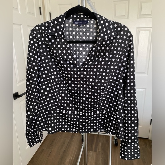 Jones New York Top Black White Polka Dot Long Sleeve Zip Front Size Large - Picture 3 of 12